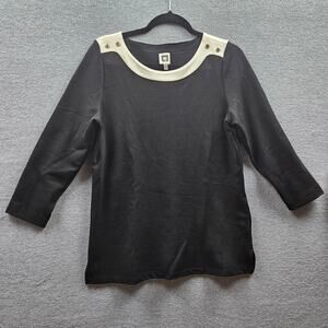 Anne Klein Medium Black White3 Shirt Brass Buttons Slit sides Stretch Office